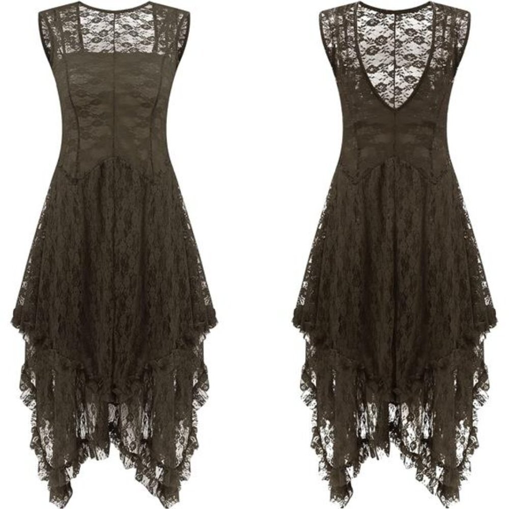 Army Green Lace Sleeveless Asymmetrical Layered Lace Tiered Long Midi Dress - Picture 6 of 7